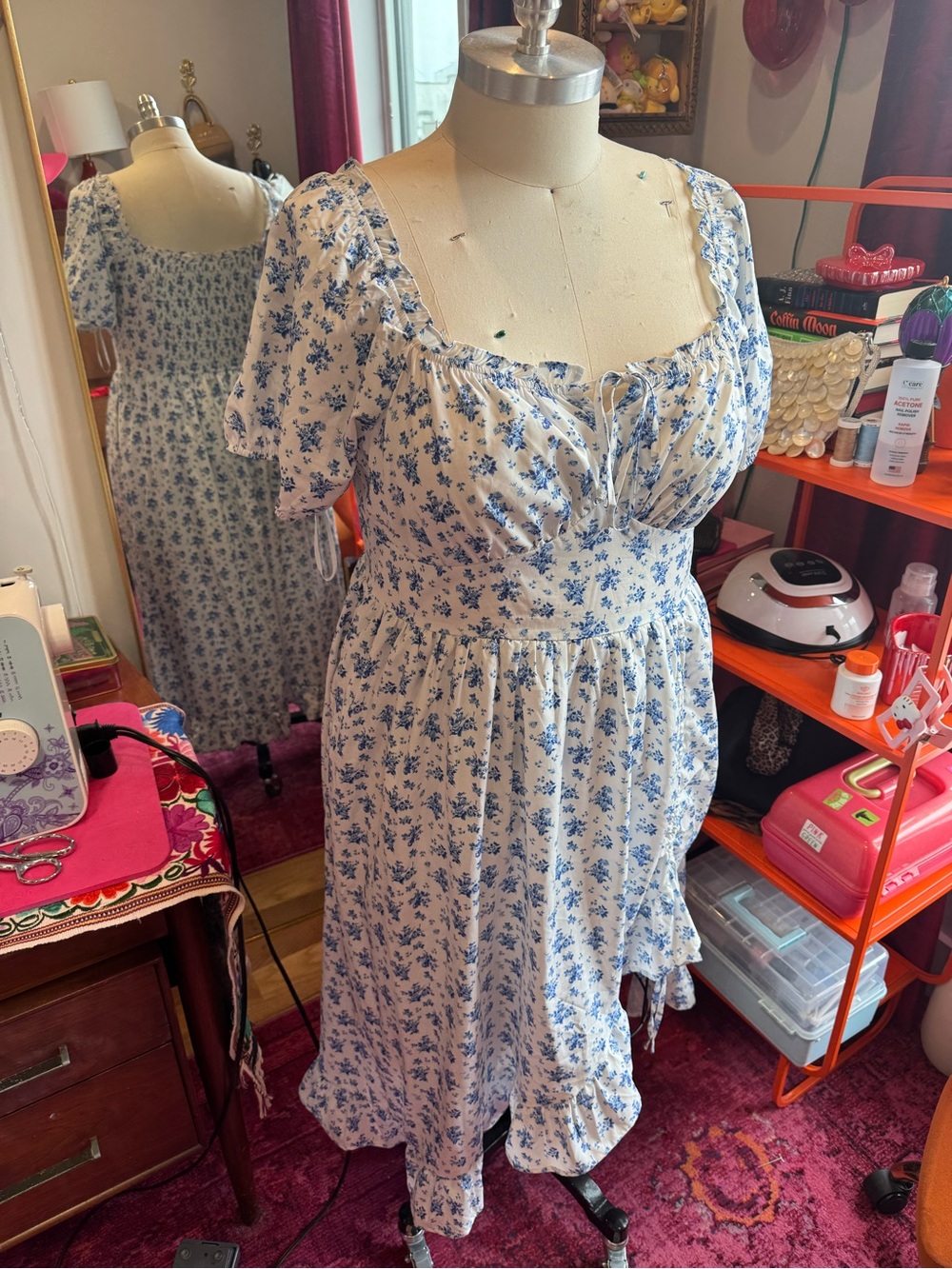 Blue Floral Square-Neck Midi Dress with Puff Sleeves